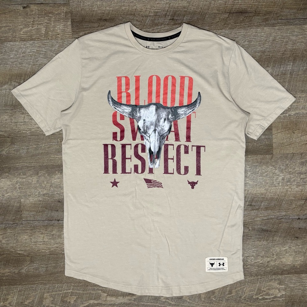 Under Armour Project Rock Shirt Mens M Beige Blood Sweat Respect Graphic